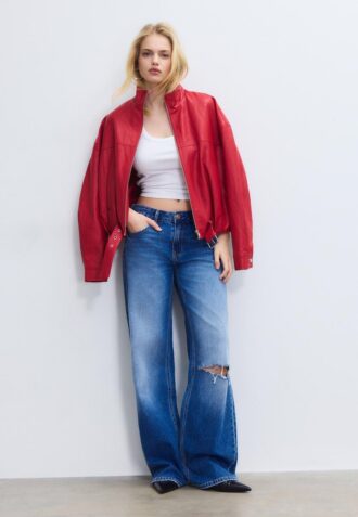 Ballongjakke i skinnimitasjon med belte