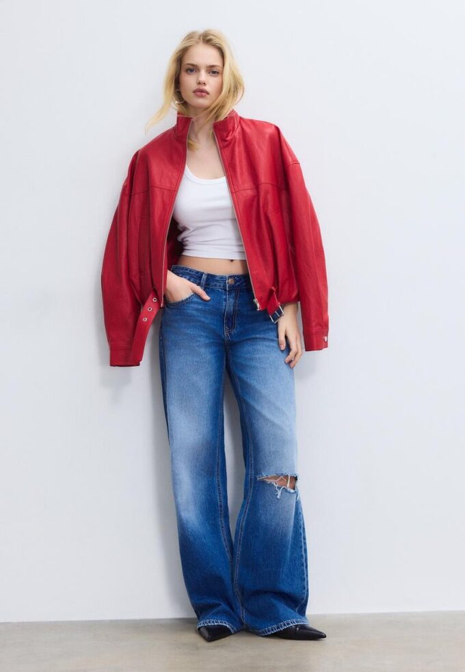 Ballongjakke i skinnimitasjon med belte