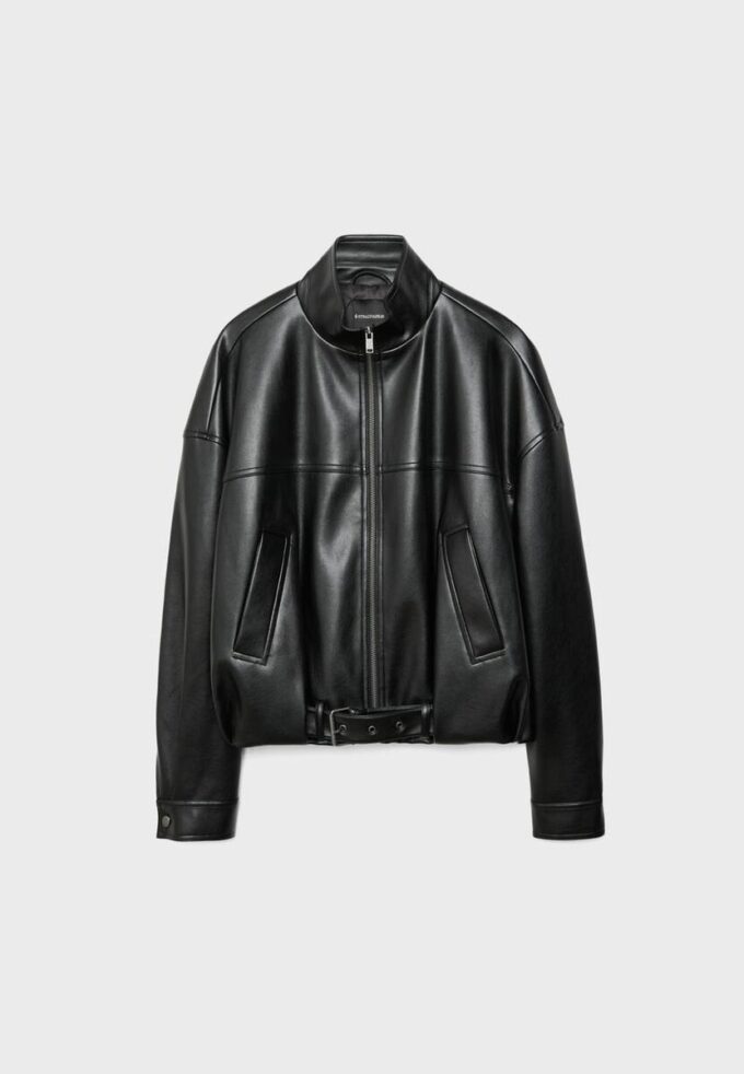 Ballongjakke i skinnimitasjon med belte