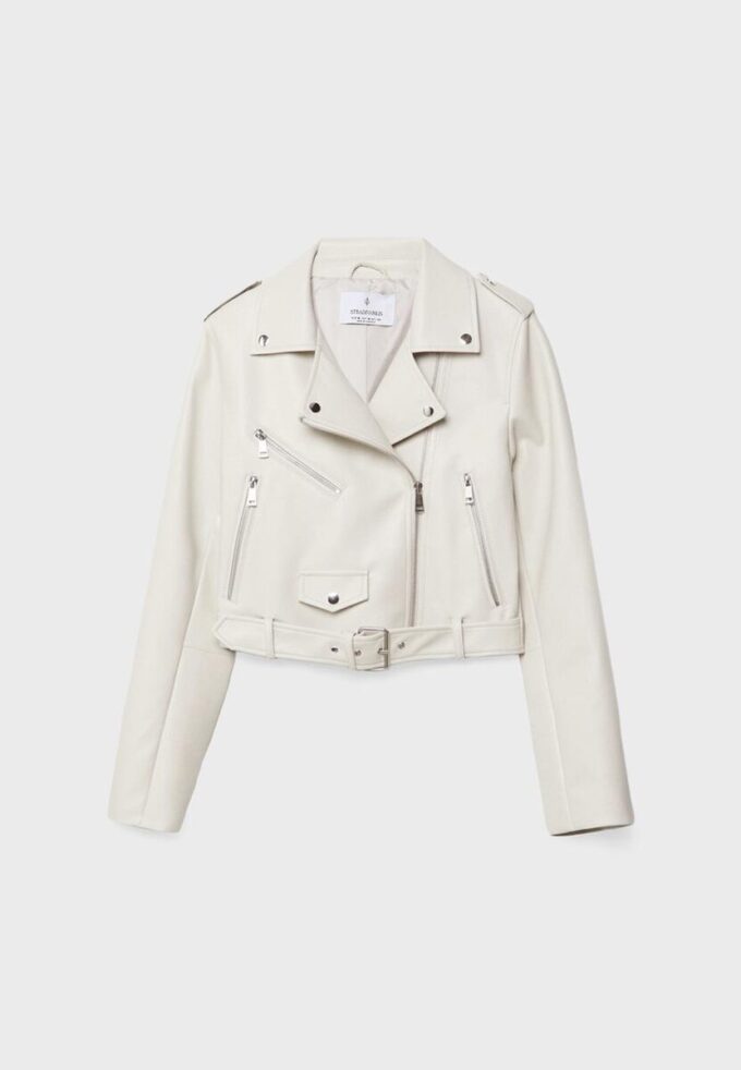 Bikerjakke i imitert skinn med belte