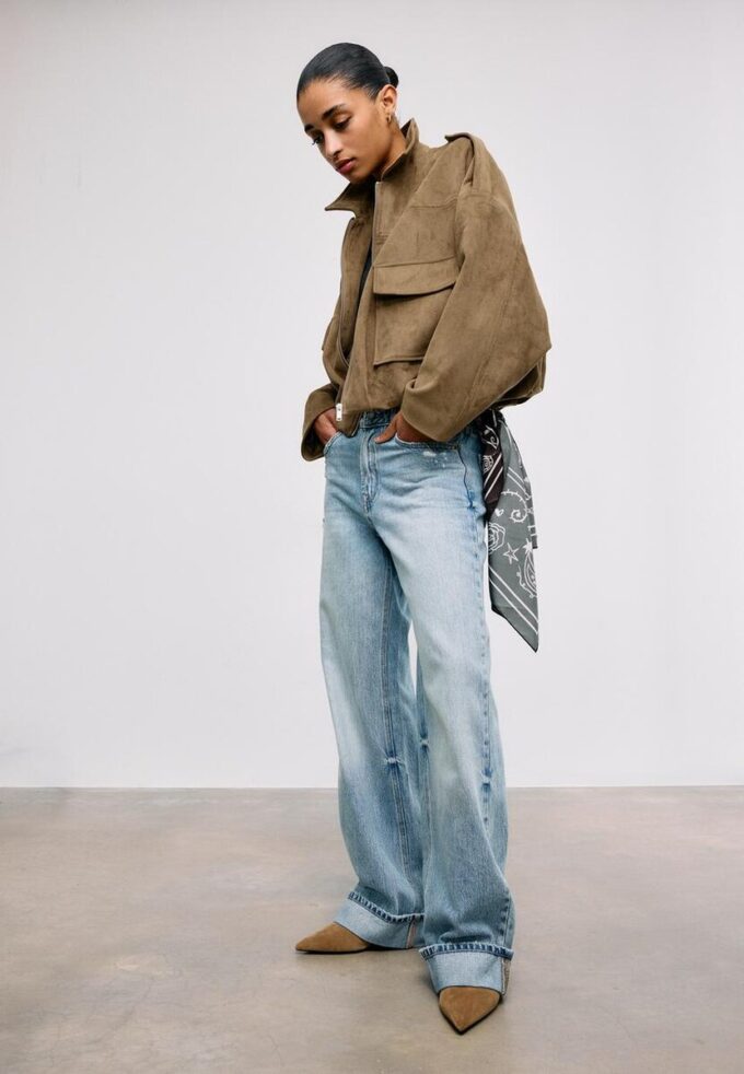 Bomberjakke i imitert semsket skinn