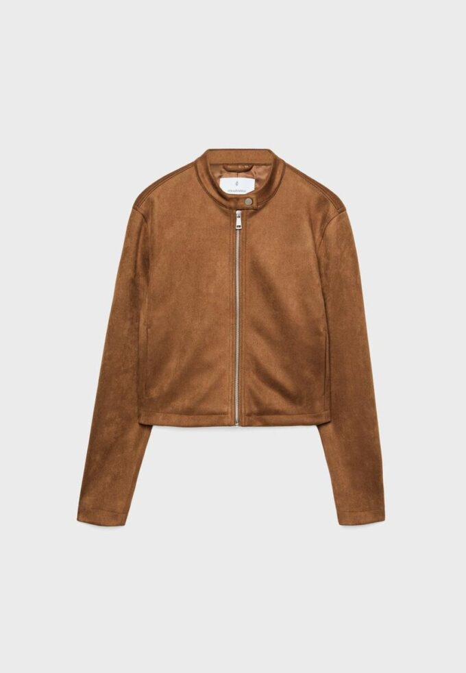 Jakke i imitert semsket skinn med glidelås