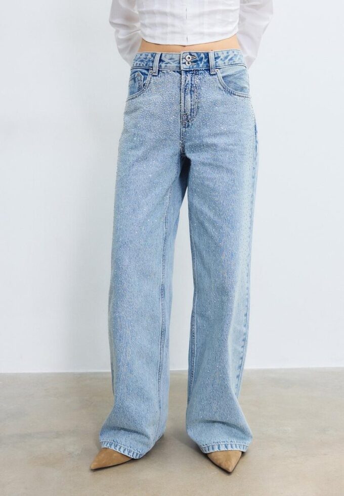 Jeans med lav midje og Wide Leg-ben med rhinestones