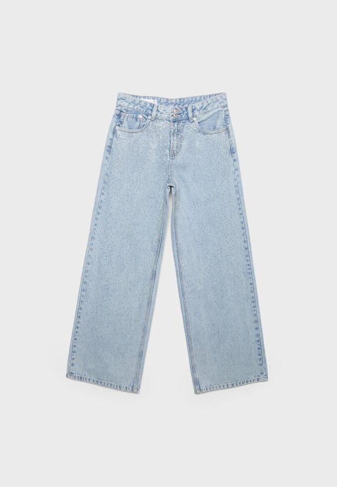 Jeans med lav midje og Wide Leg-ben med rhinestones