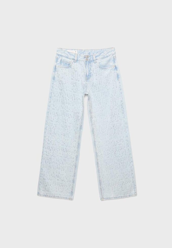 Jeans med lav midje og Wide Leg-ben med rhinestones