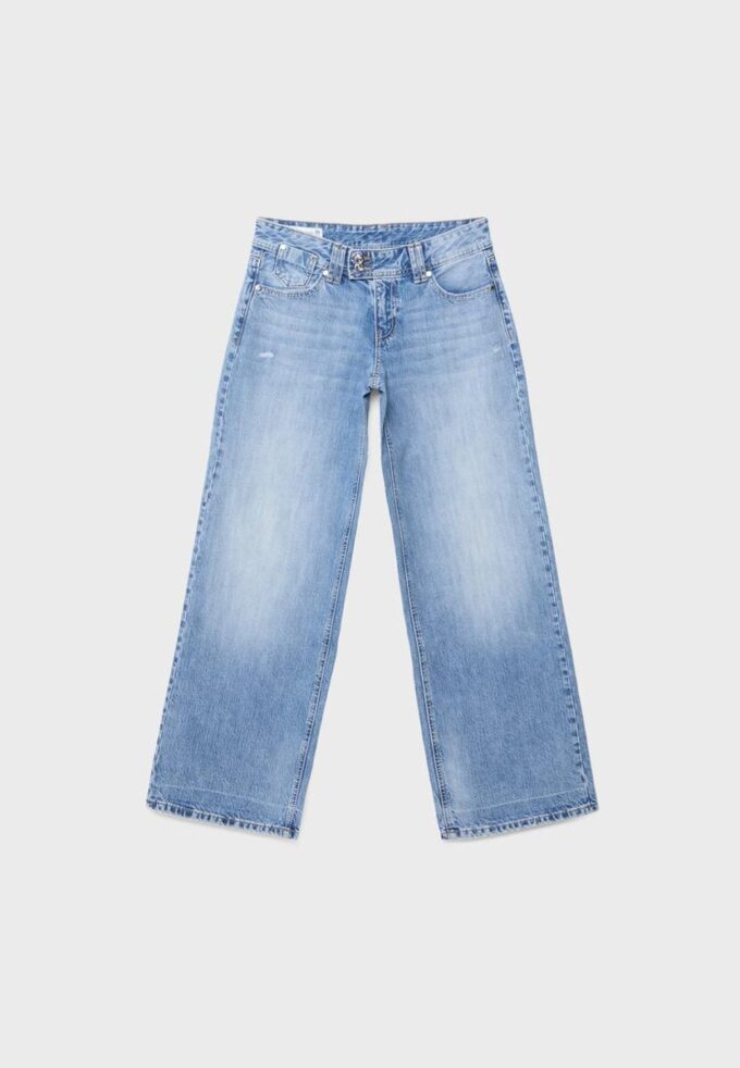 Jeans med lav midje og Wide Leg med smykkeknapp