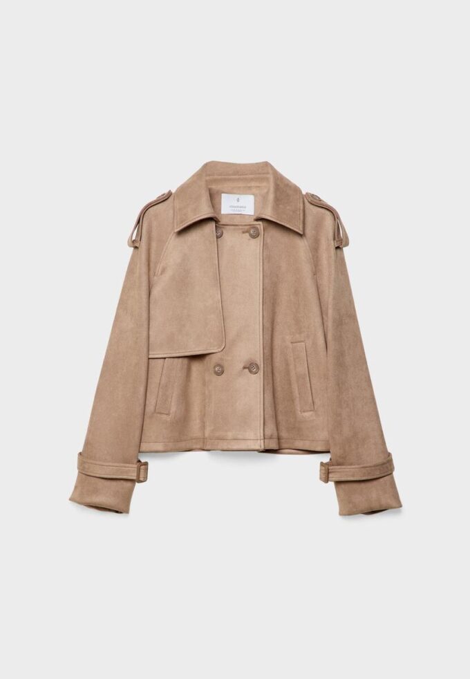 Kort trenchcoat i imitert semsket skinn