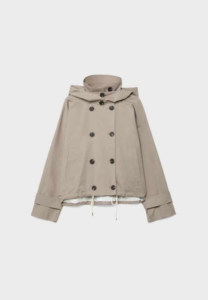 Kort trenchcoat med puffermmer og avtakbar hette