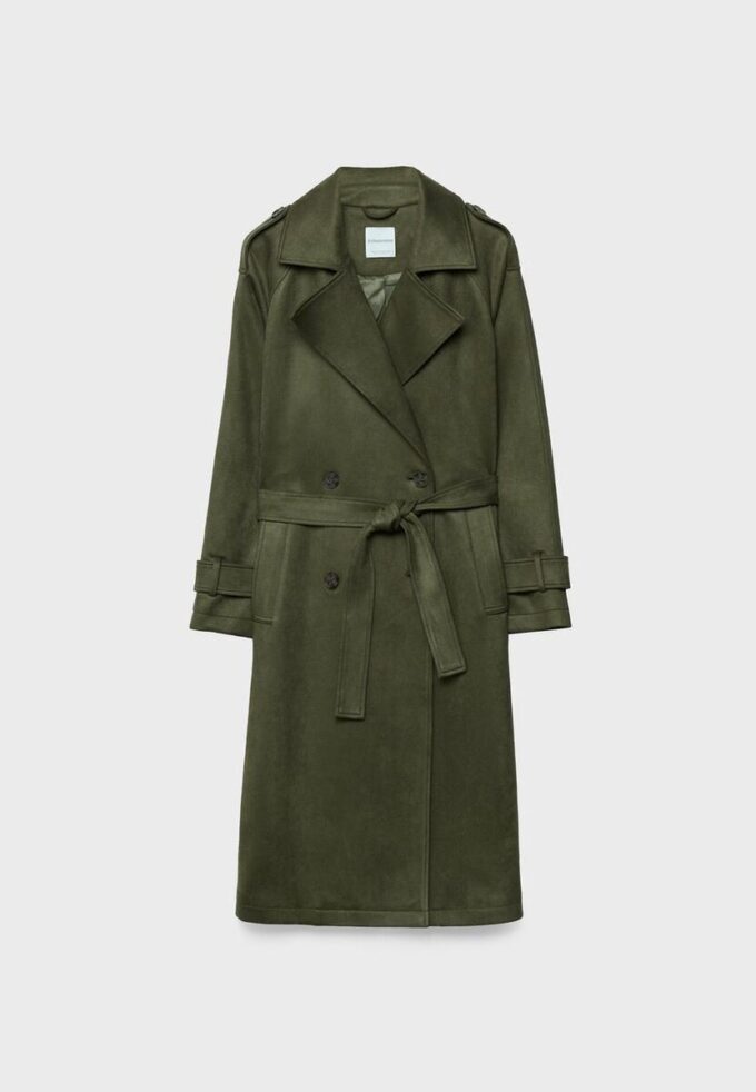 Lang trenchcoat i imitert semsket skinn