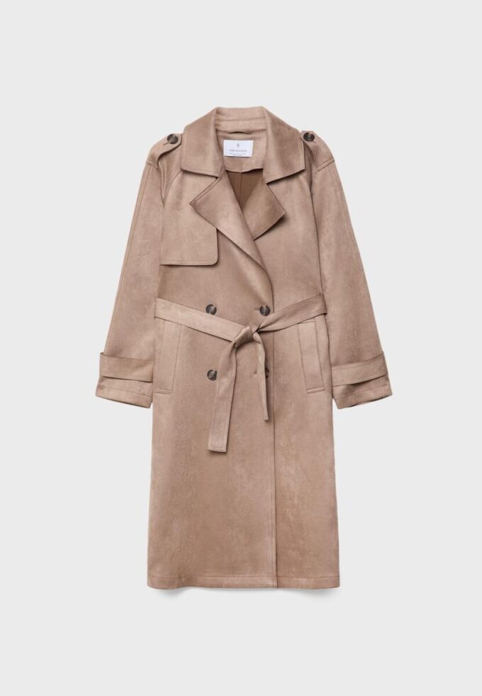Lang trenchcoat i imitert semsket skinn