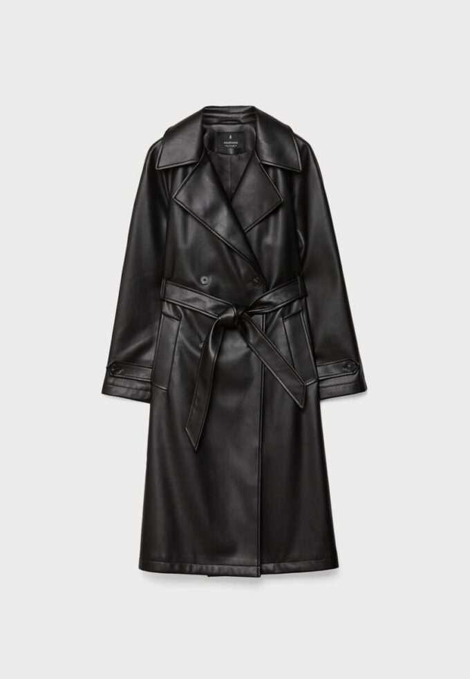 Lang trenchcoat i imitert skinn