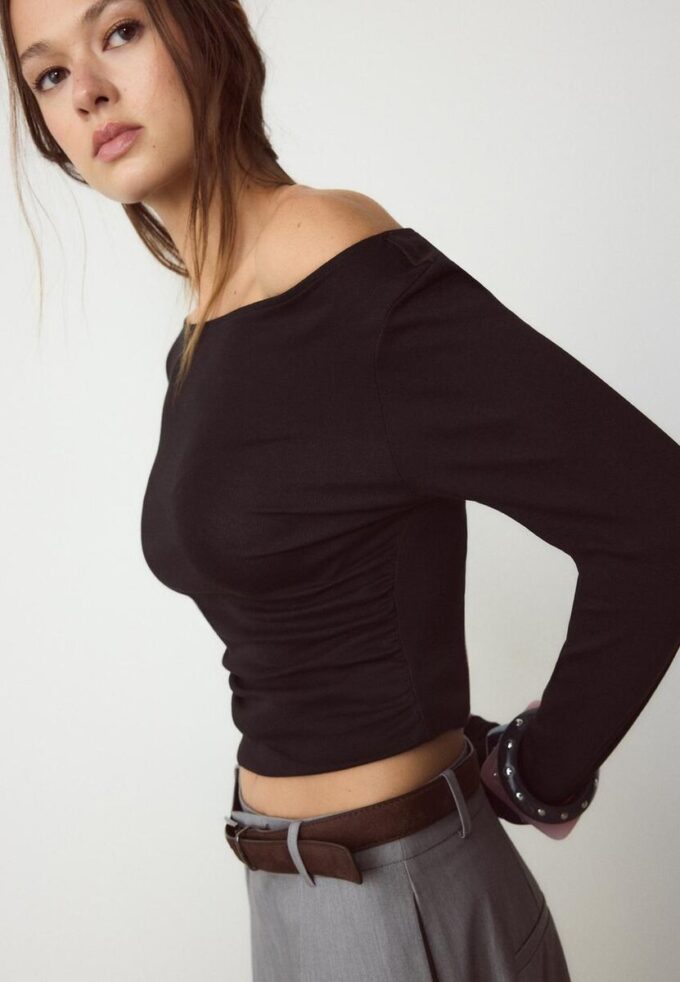 Langermet T-skjorte med rynk