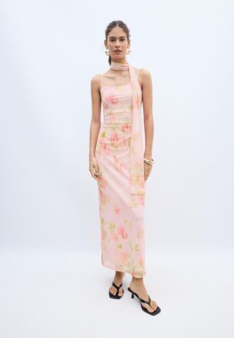 Midi-kjole i tyll med mønster og skjerf