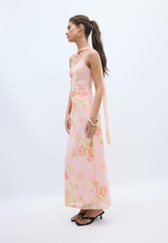 Midi-kjole i tyll med mønster og skjerf