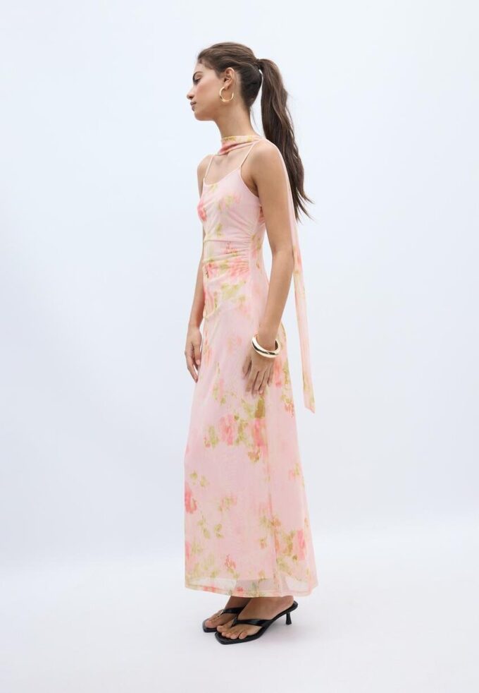 Midi-kjole i tyll med mønster og skjerf