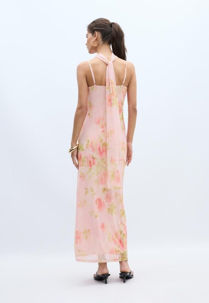 Midi-kjole i tyll med mønster og skjerf