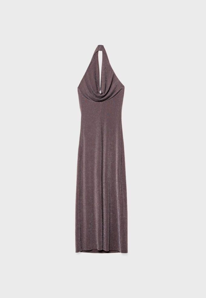 Midi-kjole med metalltråd og halterneck