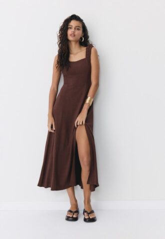 Midikjole med kryssrygg i lin-look