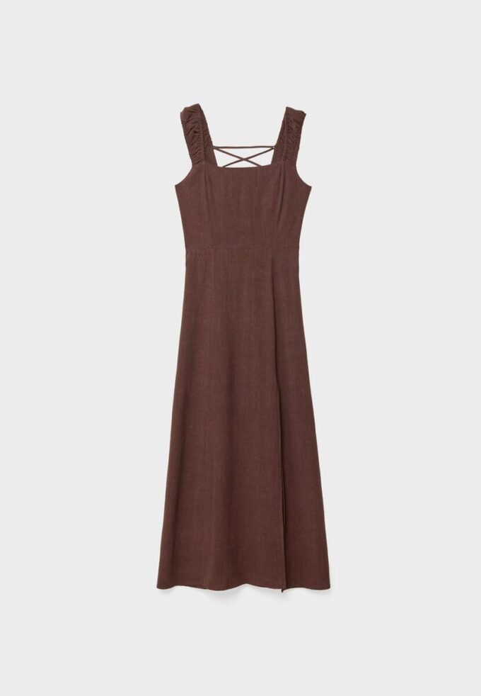 Midikjole med kryssrygg i lin-look