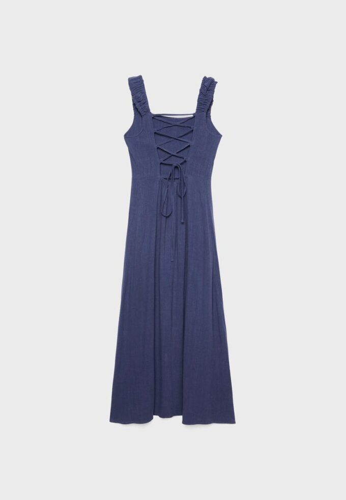 Midikjole med kryssrygg i lin-look