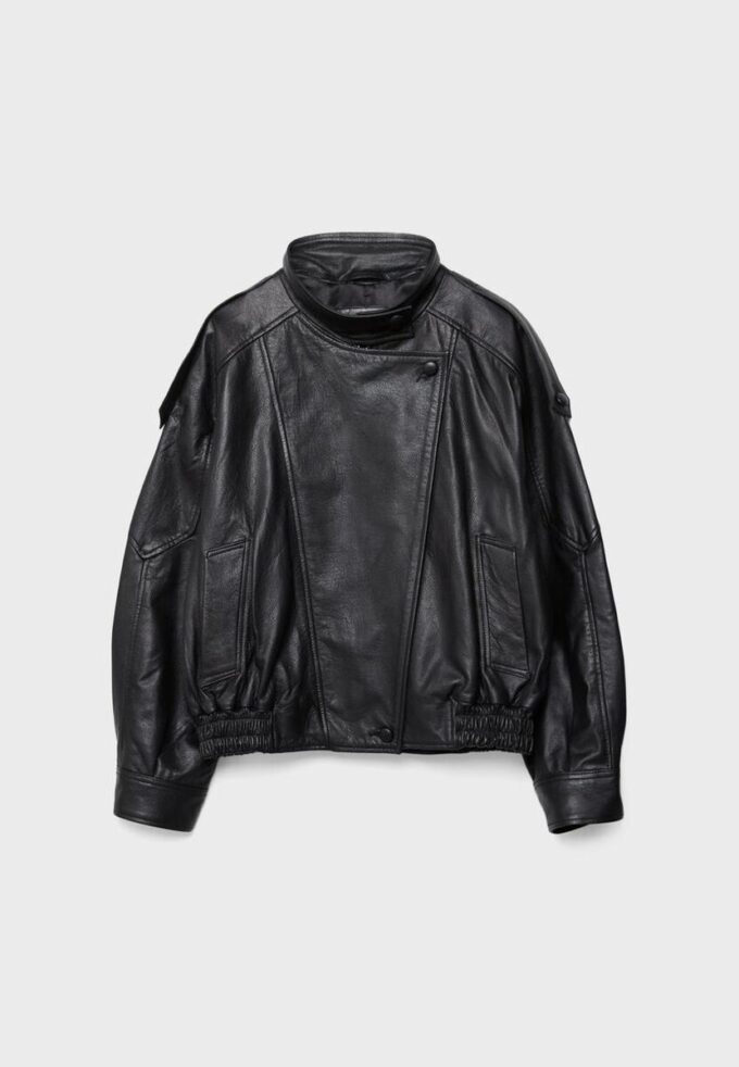 Oversize-jakke med klaff i 100 % skinn