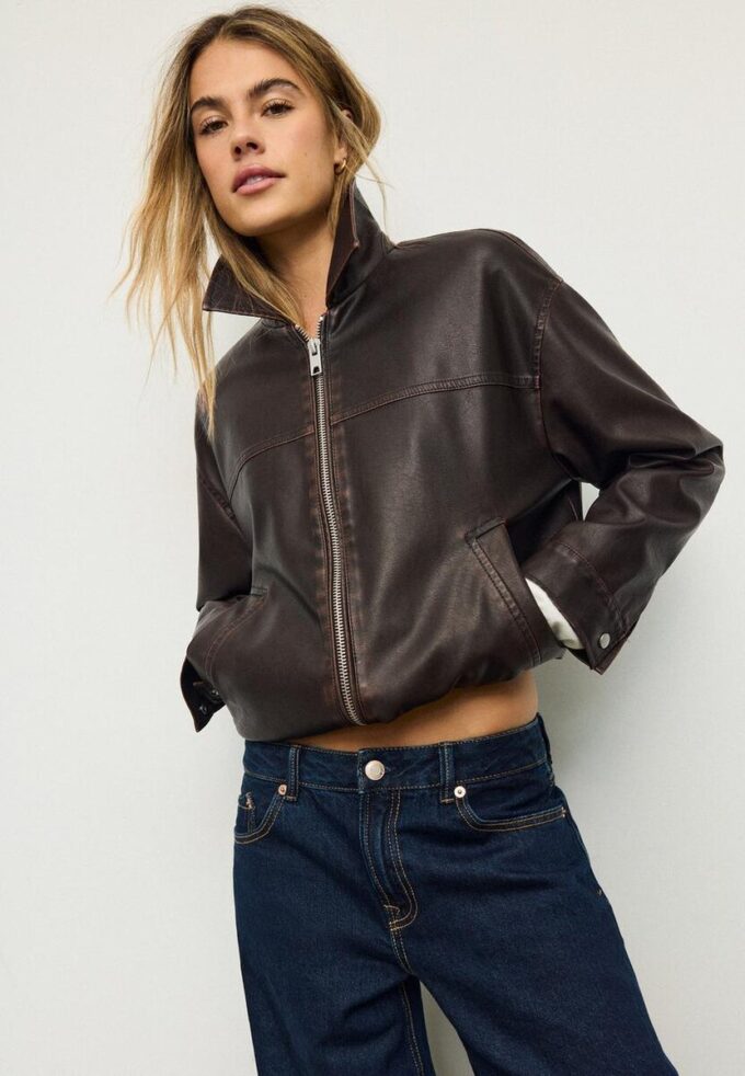 Oversize-jakke med vasket skinn-effekt