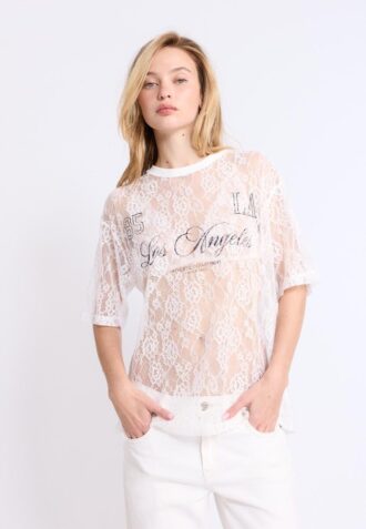 Oversize T-skjorte i blonder med grafisk detalj