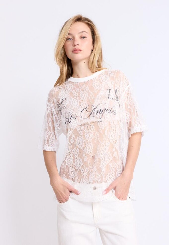 Oversize T-skjorte i blonder med grafisk detalj