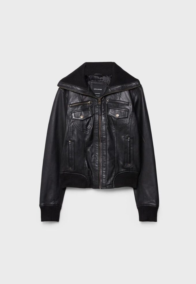 Ribbet kombinasjonsjakke i skinn