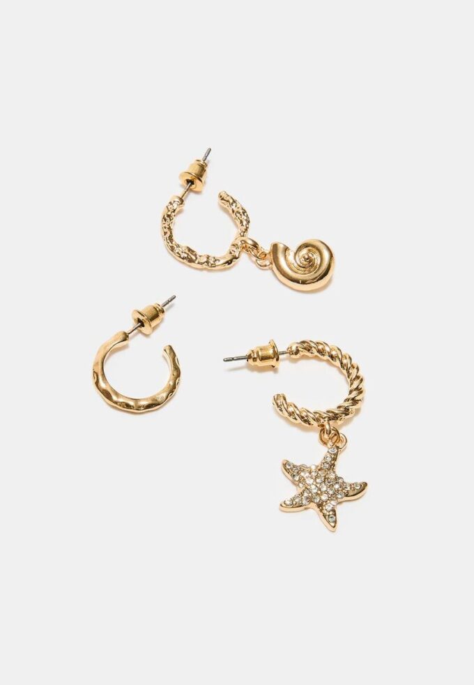 Sett med 9 øreringer med rhinestones og sjøstjerner