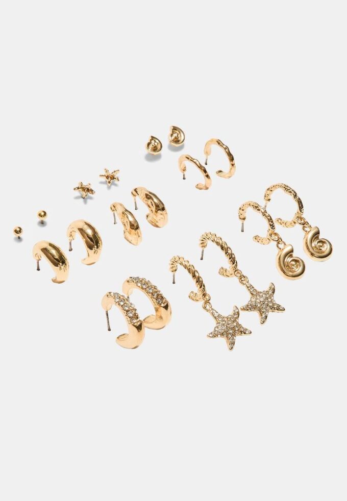 Sett med 9 øreringer med rhinestones og sjøstjerner