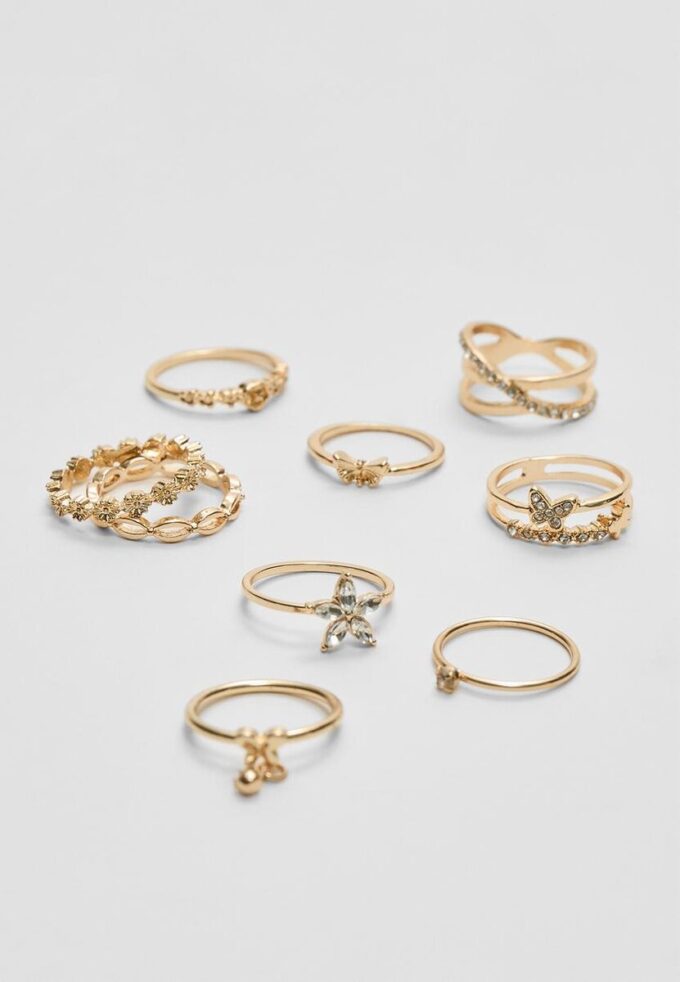 Sett med 9 sommerfugl- og rhinestone-ringer