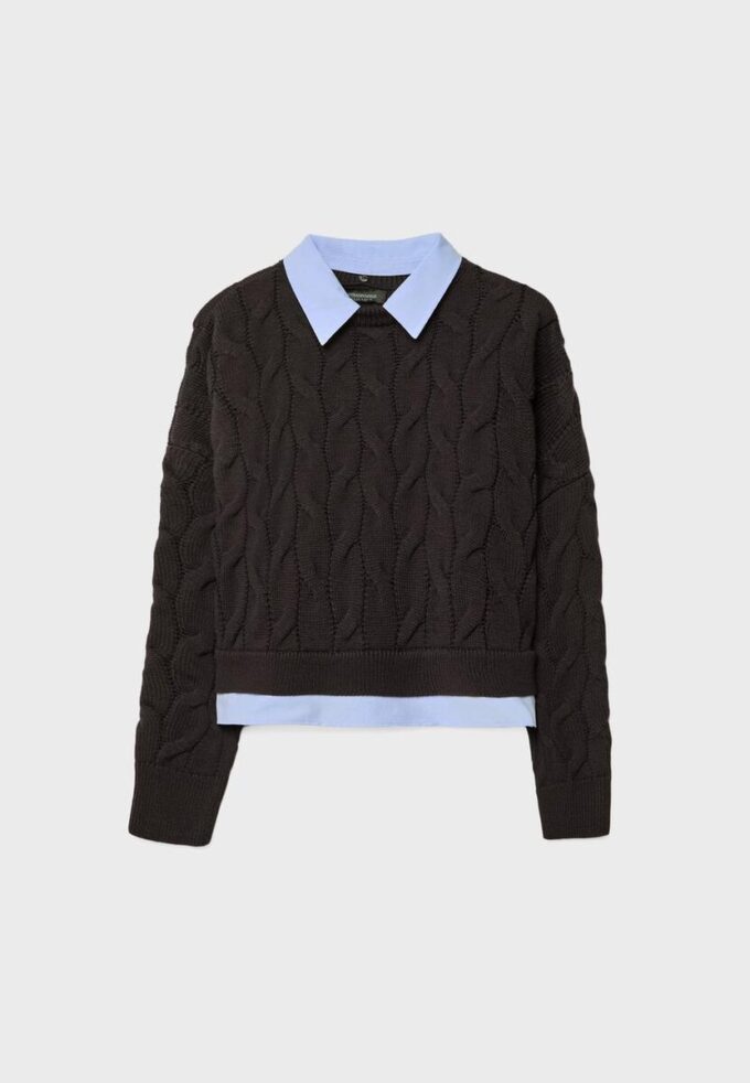 Strikkegenser i to stoffer med avtakbar krage