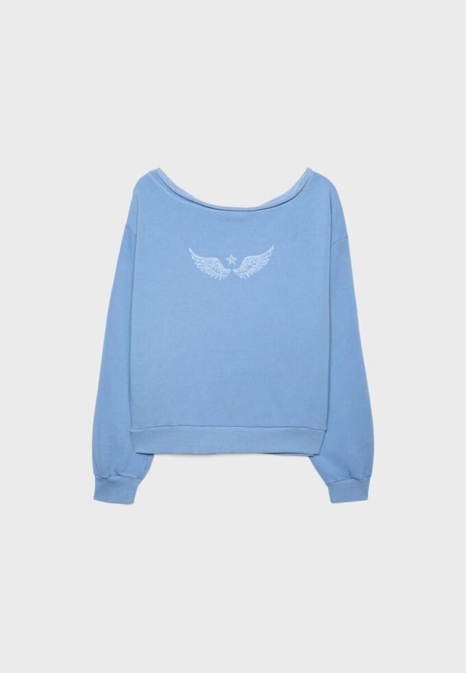 Sweatshirt med båthals og vinger med rhinestones