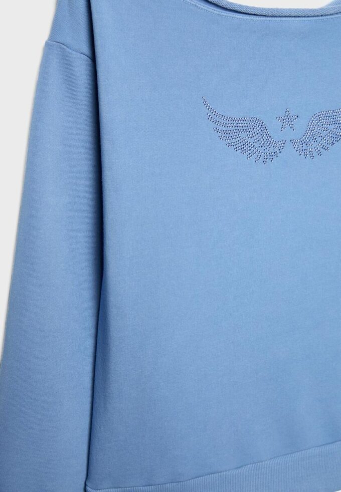 Sweatshirt med båthals og vinger med rhinestones
