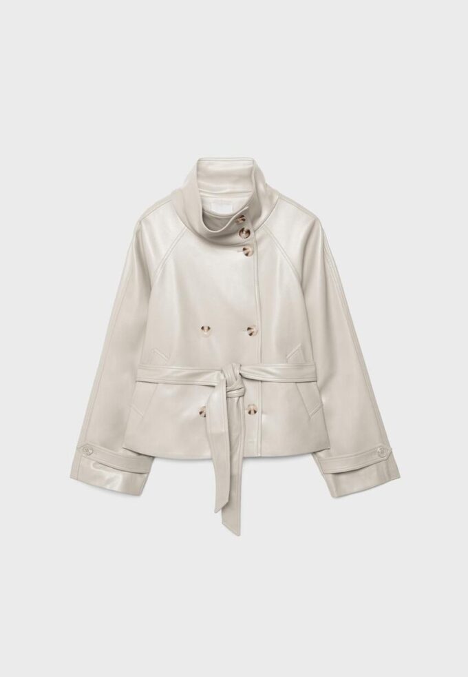 Trenchcoat med høy hals i skinnimitasjon